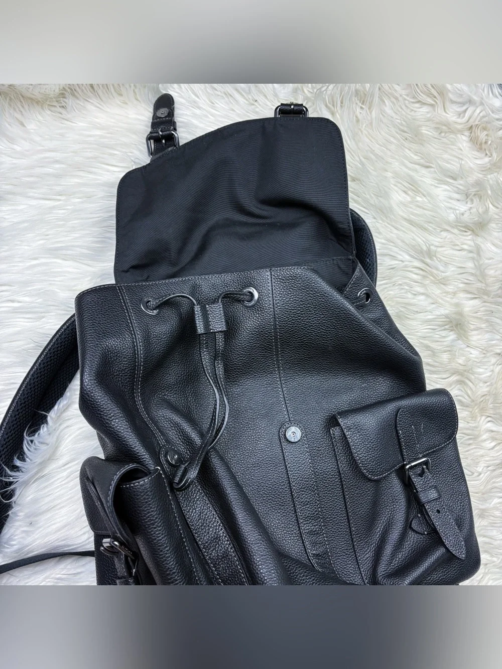 Coach Hudson Backpack CB837 Black Pebble Leather Bucket Drawstring Mens Commute
